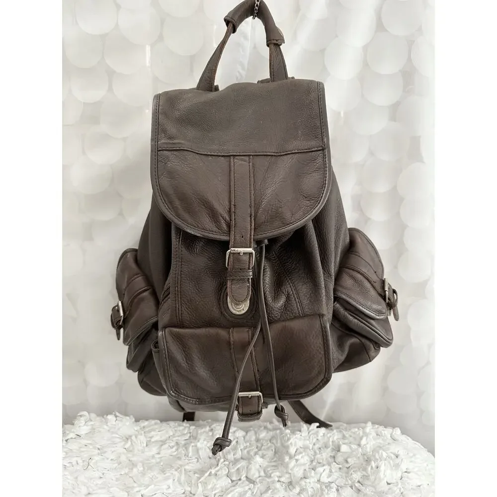 Vintage Leather Drawstring Backpack Brown Distressed Genuine Cowhide Unisex